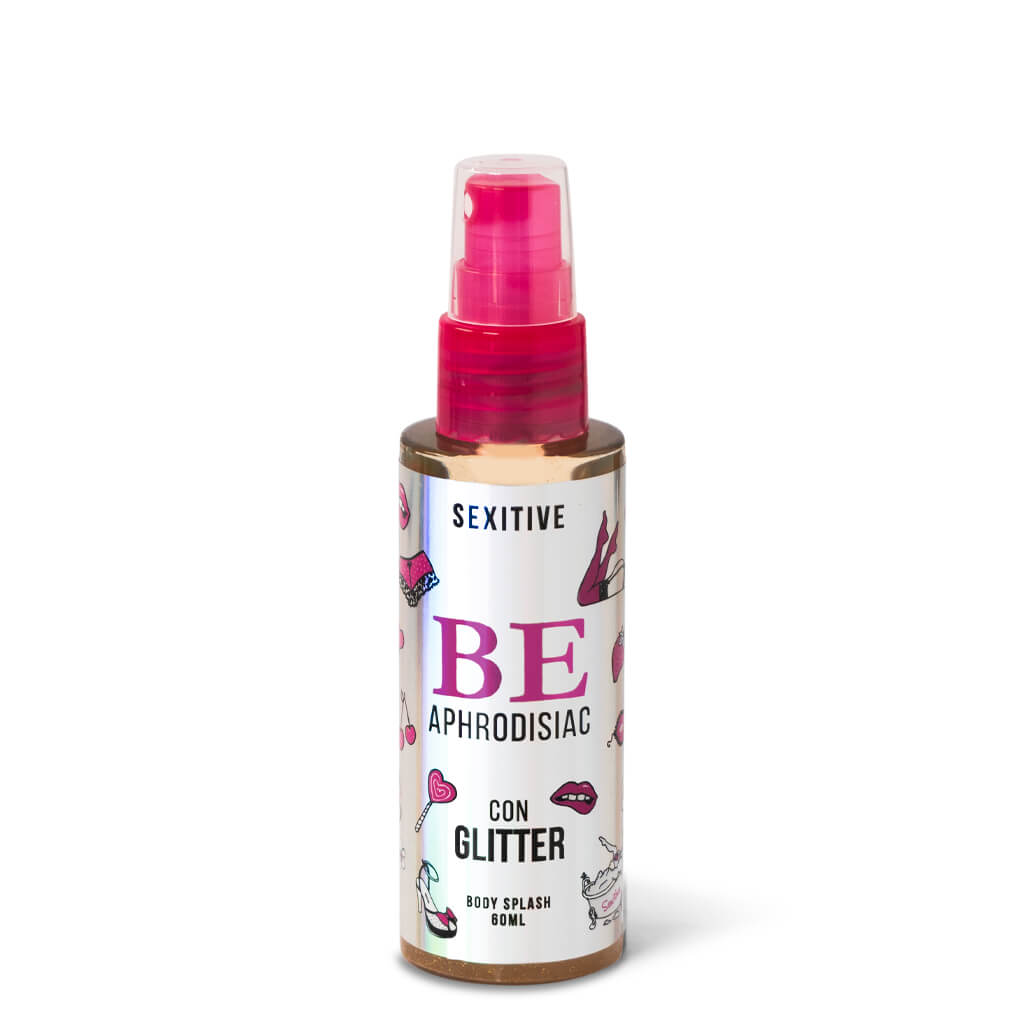 Sexitive BE APHRODISIAC. Spray Glitter brillante muy sexy para mujer con Feromonas. Body Splash Afrodisíaco con Glitter. 60 ml - 2 fl oz
