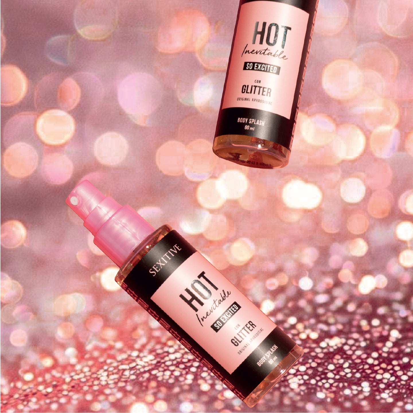 Sexitive HOT Inevitable So Excited. Body Splash Afrodisiaco con Glitter. Spray Glitter brillante muy sexy para mujer con Feromonas - 60 ml - 2 fl oz