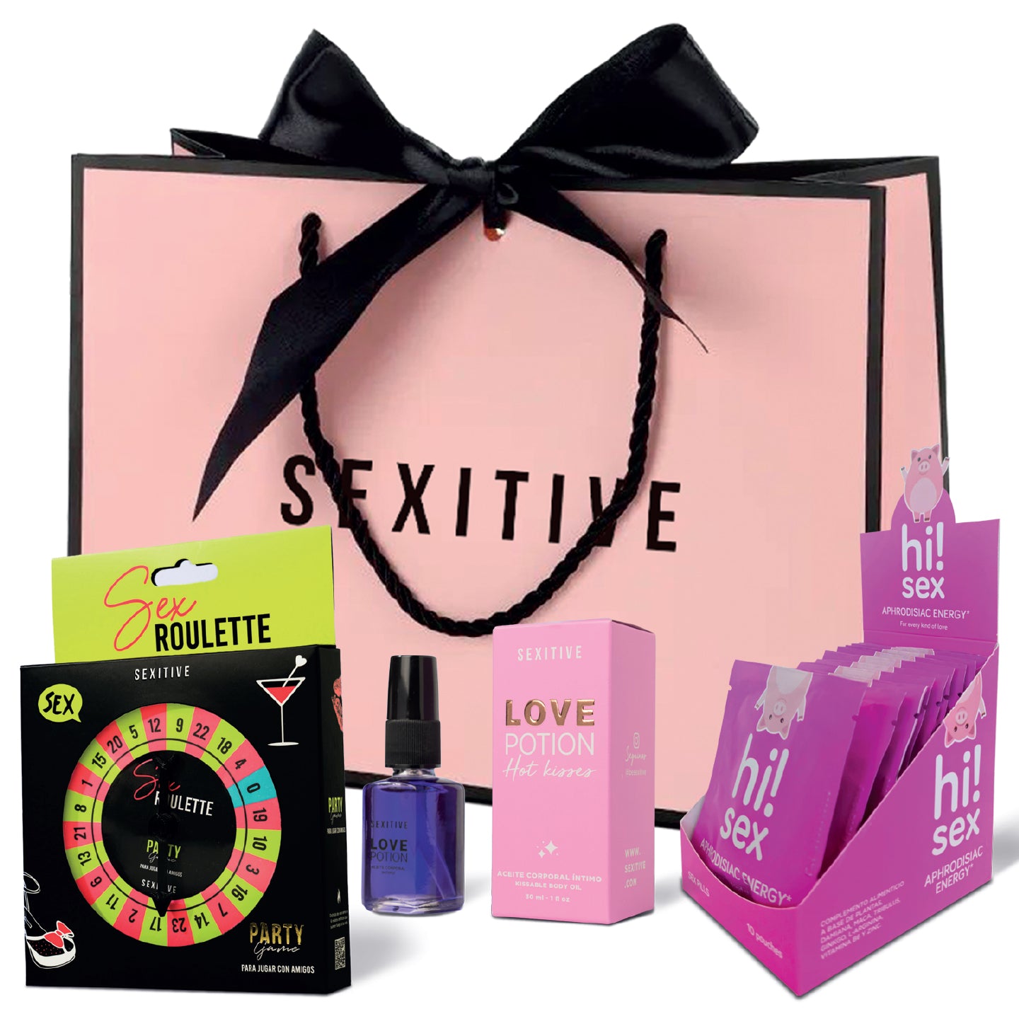 Regalos Sexys By Sexitive: “PRE-WEDDING PARTY” Packaging rosa de lujo con Sex Roulette Party Edition, aceite Love Potion y una caja con 10 sobres de Hi!Sex Aphrodisiac. Perfecto para despedir la soltería con placer y diversión.
