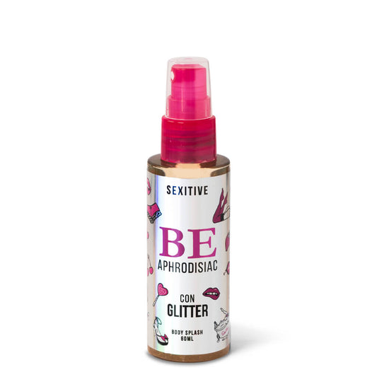 Sexitive BE APHRODISIAC. Spray Glitter brillante muy sexy para mujer con Feromonas. Body Splash Afrodisíaco con Glitter. 60 ml - 2 fl oz