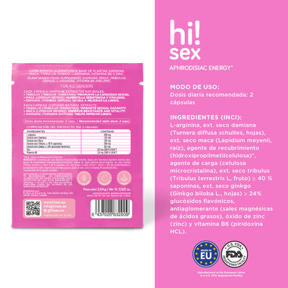 Hi!Sex Suplemento Libido para Mujeres y Hombres - Sobre Monodosis - 4 Cápsulas para Tomar en Pareja - Booster Natural de Deseo, Energía y Vitalidad - Conexión Íntima