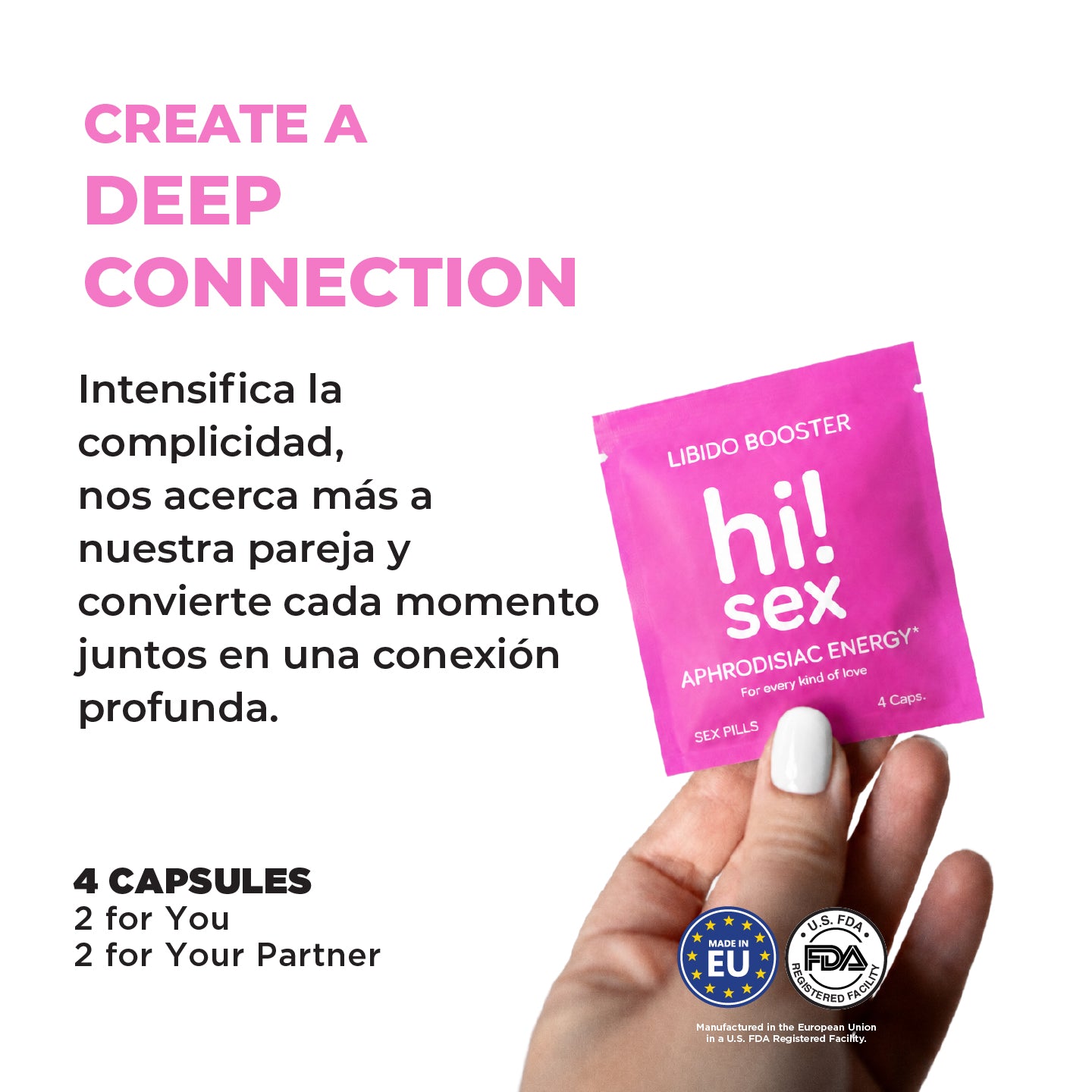 Hi!Sex Suplemento Libido para Mujeres y Hombres - Sobre Monodosis - 4 Cápsulas para Tomar en Pareja - Booster Natural de Deseo, Energía y Vitalidad - Conexión Íntima