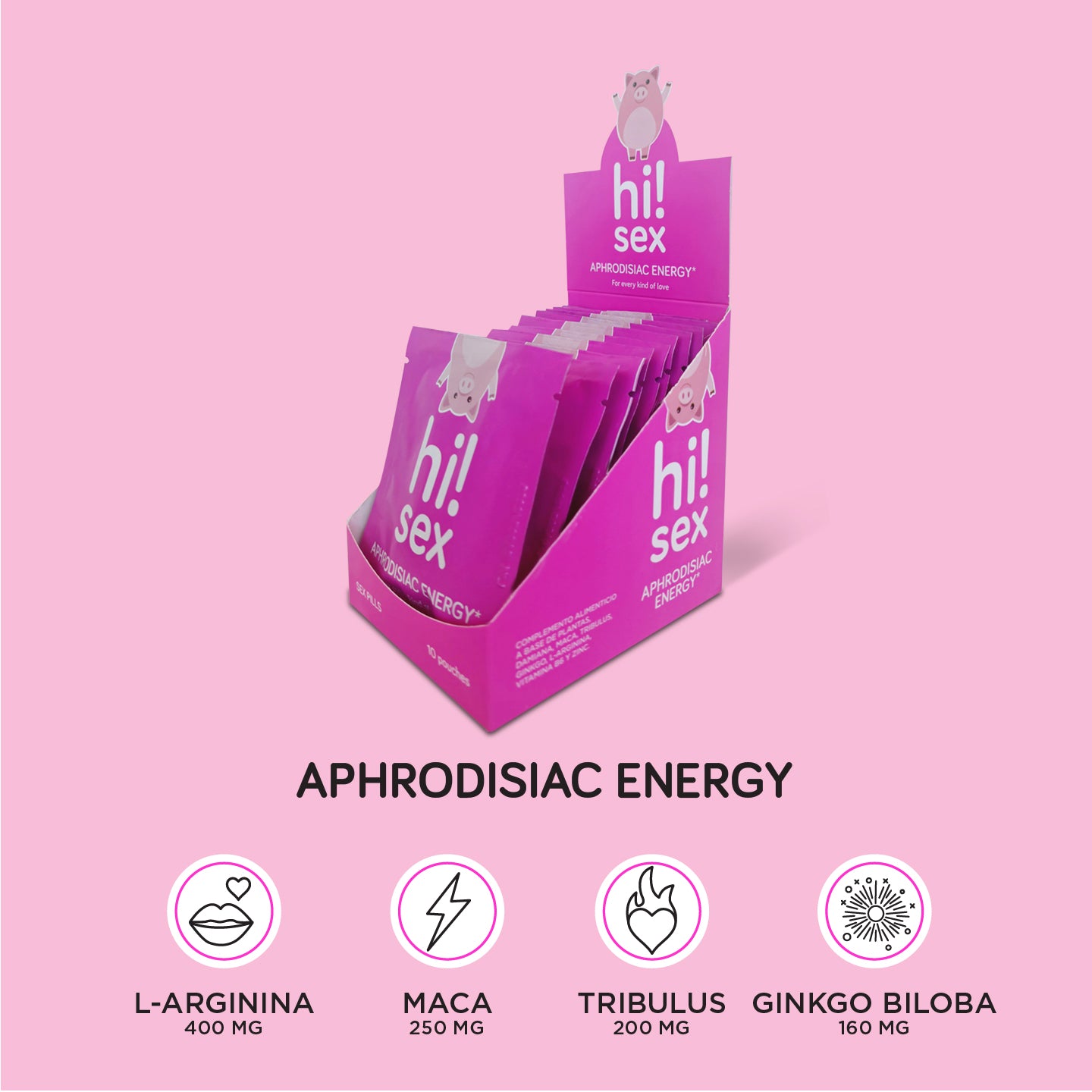 Hi!Sex Aphrodisiac Energy. Afrodisíaco Sexual para Mujeres y Hombres con Maca , Tribulusy L-Arginina. Sube la Testosterona y Aumenta la Libido. Sobres