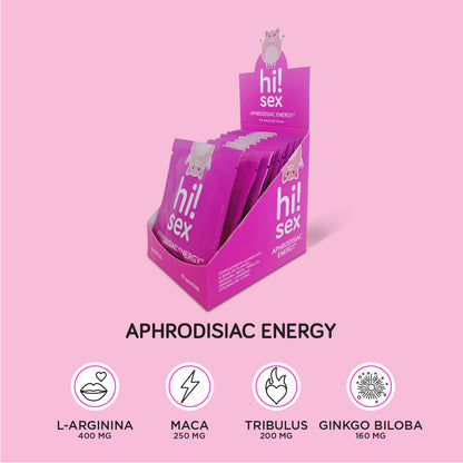 Hi!Sex Aphrodisiac Energy. Afrodisíaco Sexual para Mujeres y Hombres con Maca , Tribulusy L-Arginina. Sube la Testosterona y Aumenta la Libido. Sobres