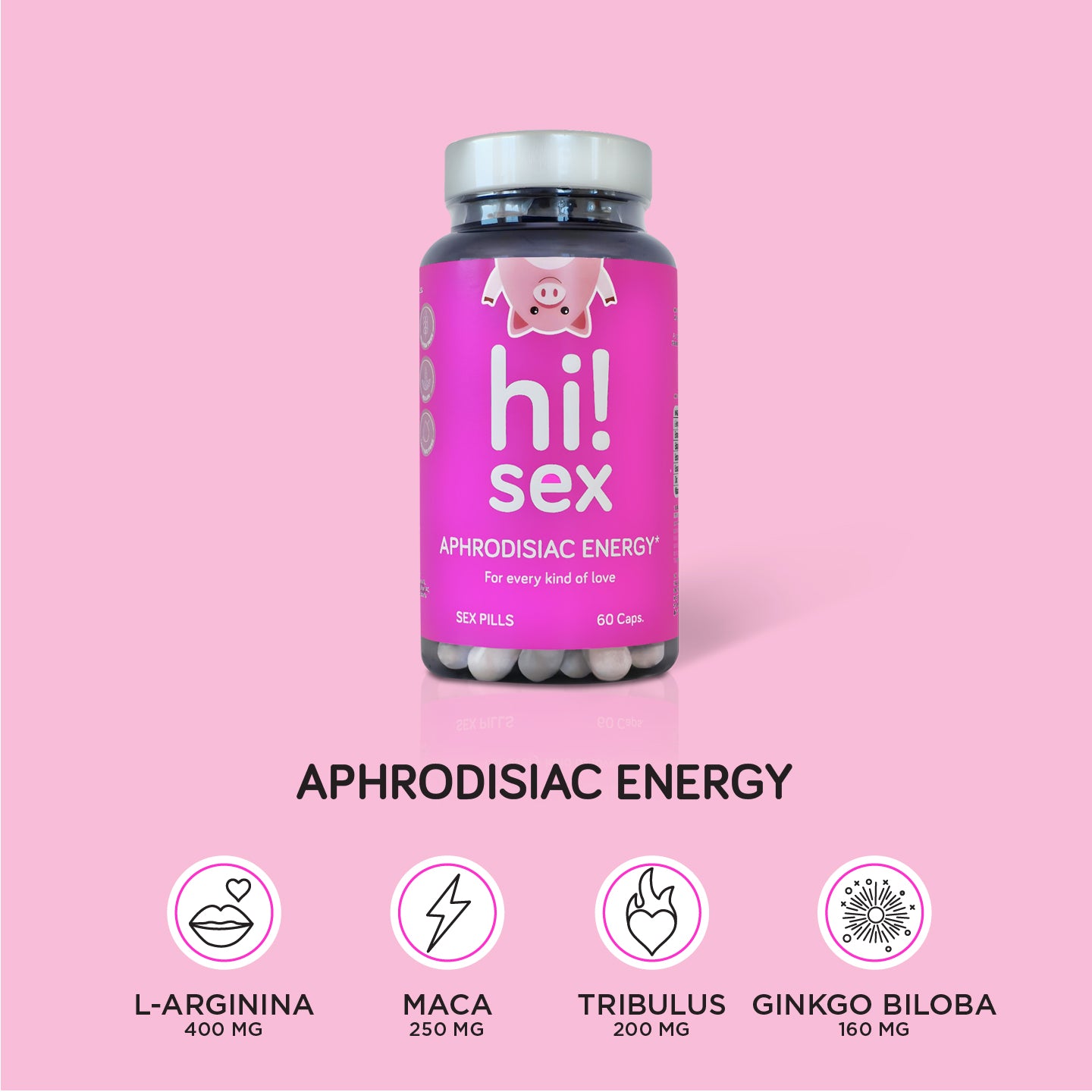 Hi!Sex Aphrodisiac Energy. Afrodisíaco Sexual para Mujeres y Hombres con Maca, Tribulus, L-Arginina y Ginko. Aumenta la Testosterona y sube la Libido.