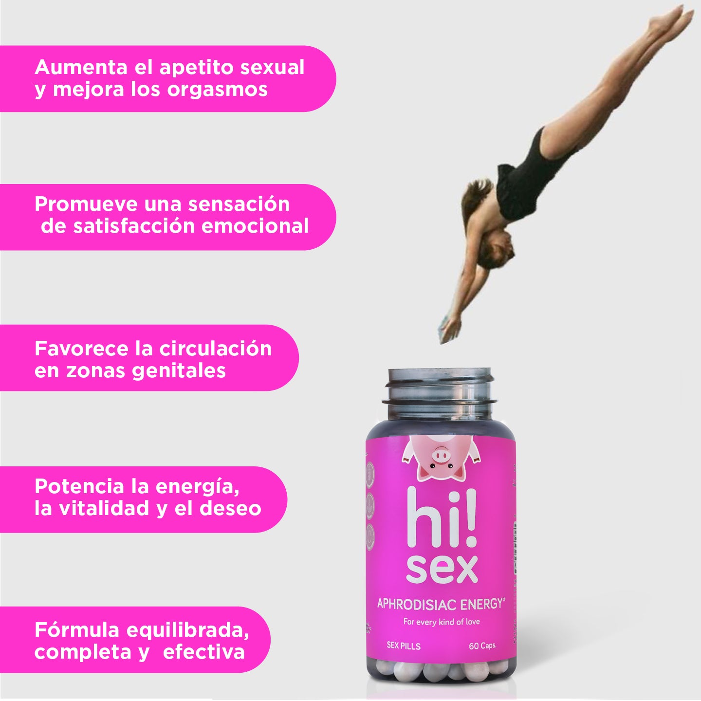 Hi!Sex Aphrodisiac Energy. Afrodisíaco Sexual para Mujeres y Hombres con Maca, Tribulus, L-Arginina y Ginko. Aumenta la Testosterona y sube la Libido.