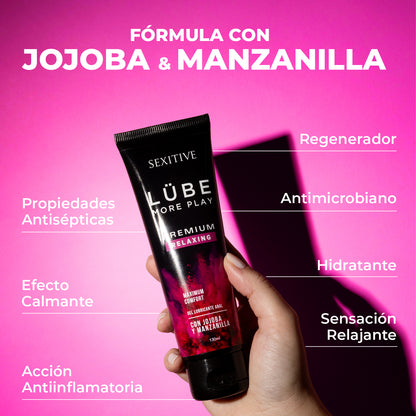 LUBE PREMIUM RELAXING Lubricante Dilatador Anal Relajante - Sensación Sin Dolor - Dilatación Progresiva Gracias a la Acción de la Jojoba y la Manzanilla- Lubricante Anal Base Agua  - 130ml