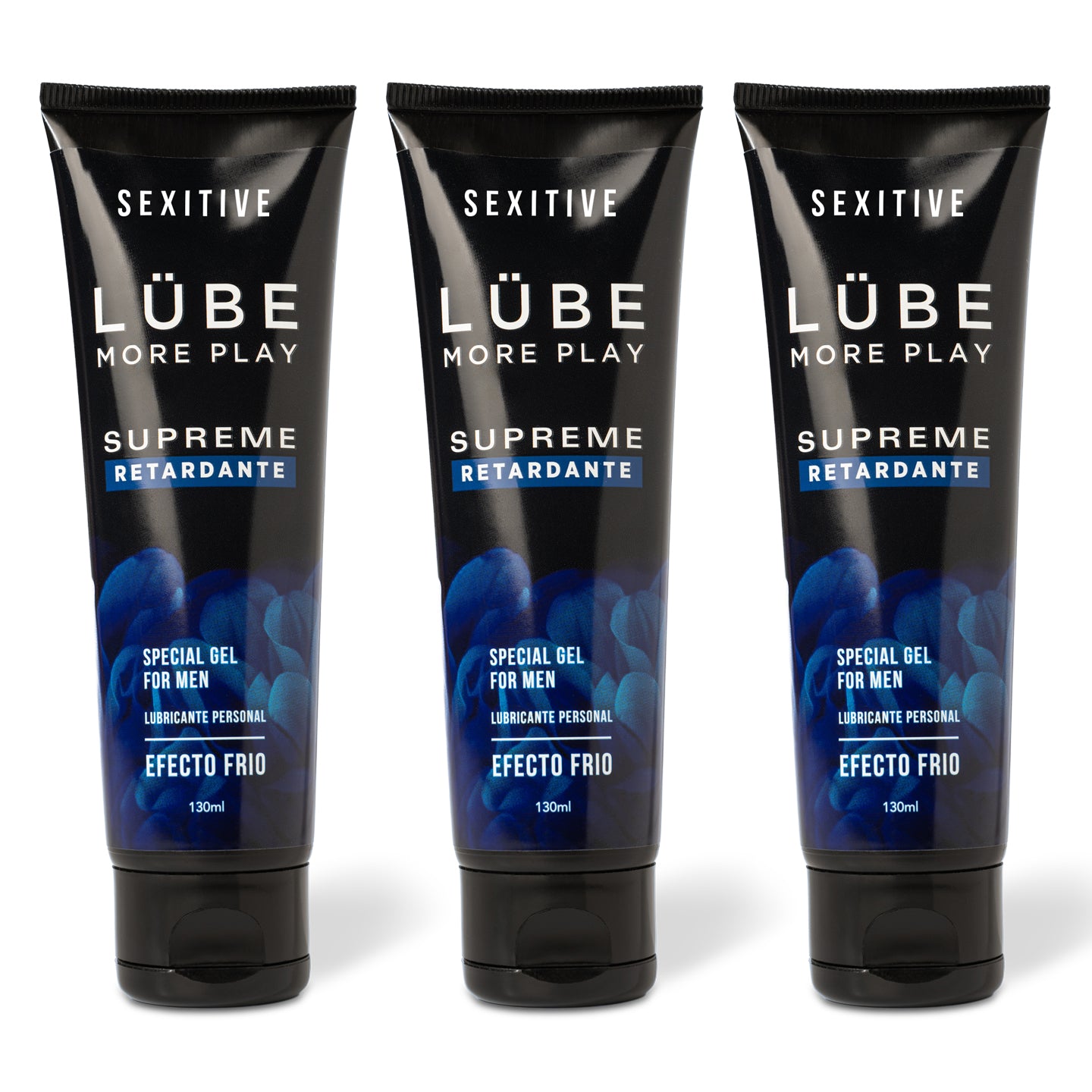 Sexitive PACK X 3 Lubricantes LÜBE SUPREME Retardante Sexual Masculino - Lubricante Sexual Efecto Frio a Base de Agua, para Hombres - Gel Retardante de la Eyaculación, Erecciones Fuertes y Duraderas - 3 x 130ml Total 390ml