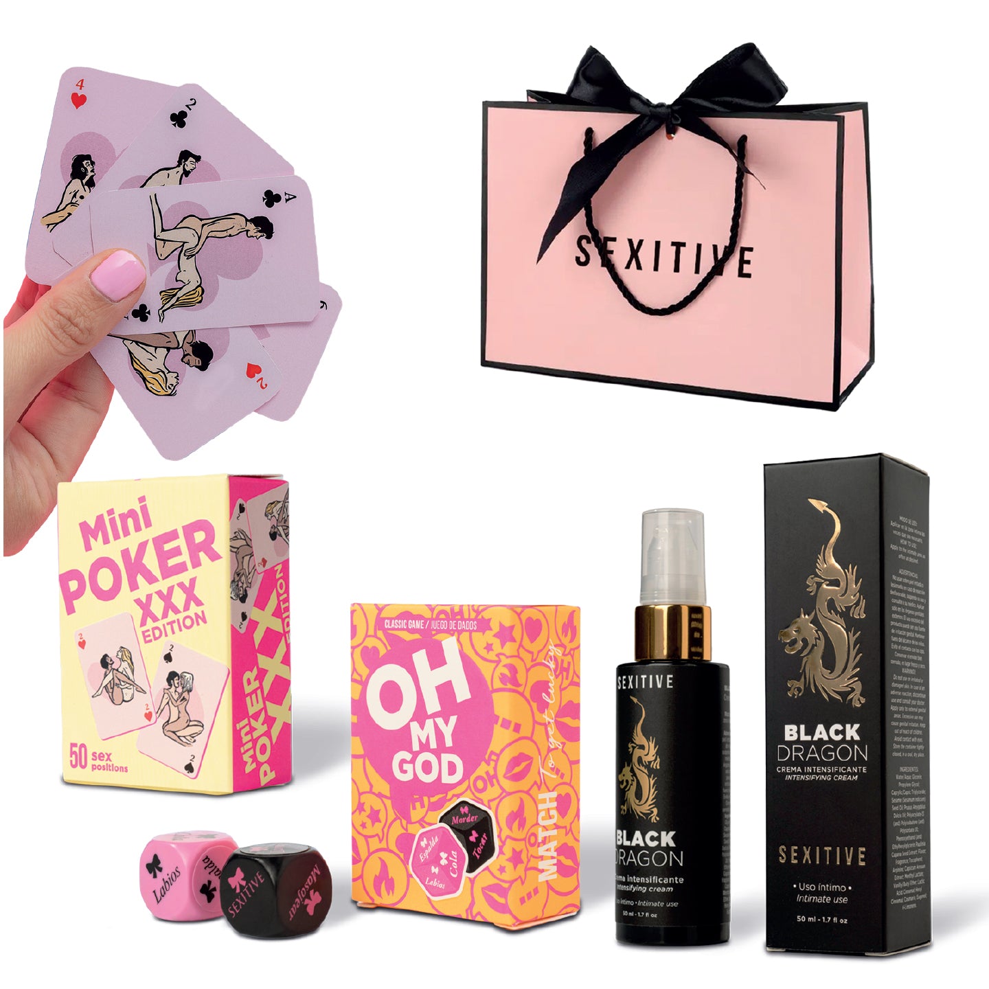 Regalos Sexys By Sexitive: "HOT NIGHT" Regalo erótico para parejas. Con juego de dados picantes, mini póker XXX y crema intensificadora Black Dragon en elegante bolsa rosa. Para una noche ardiente y llena de deseo.