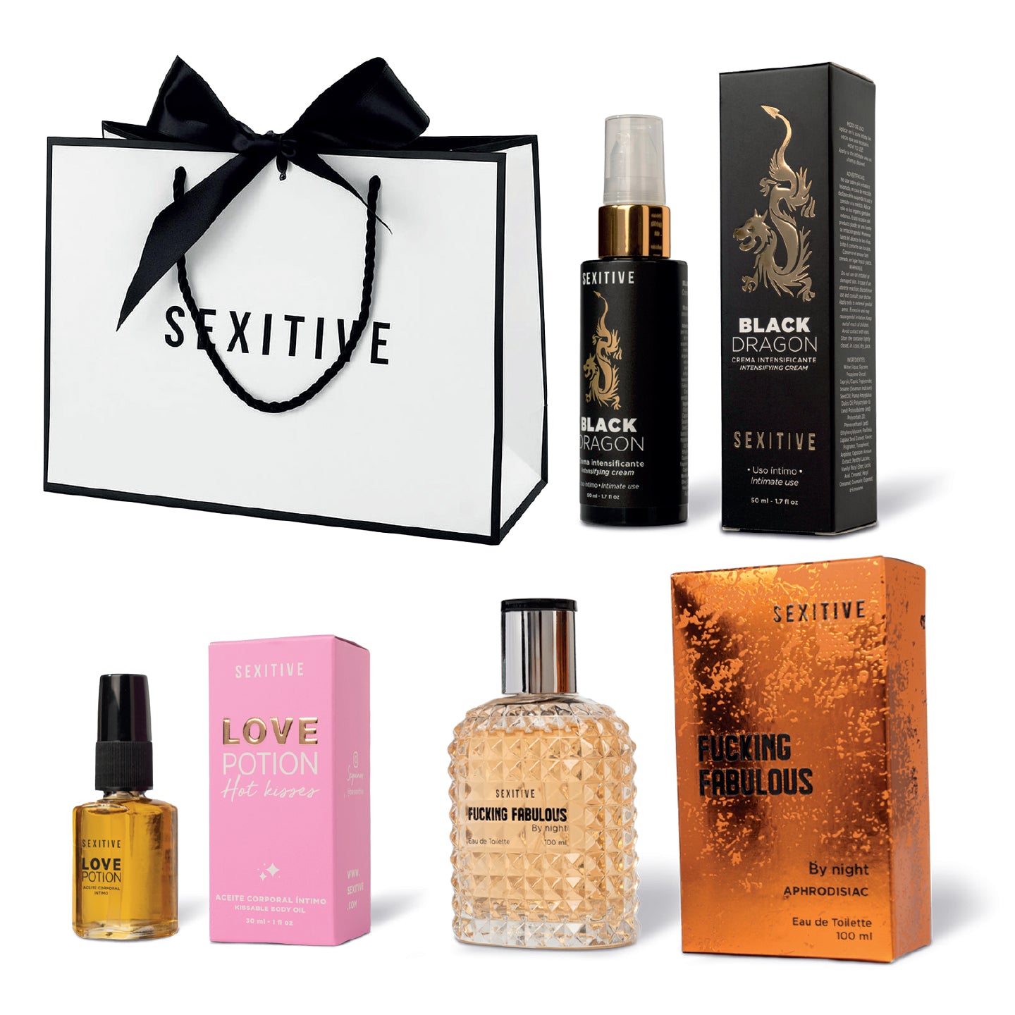 Regalos Sexys By Sexitive: “FUCKING FABULOUS”, un lujo para regalar. Bag exclusiva para ellos con un perfume Fucking Fabulous, un Love Potion sabor champagne y una crema intensificante Black Dragon.